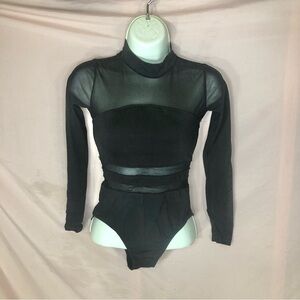 Black Sheer Panel Long-Sleeve Bodysuit Size XXS XS Small
